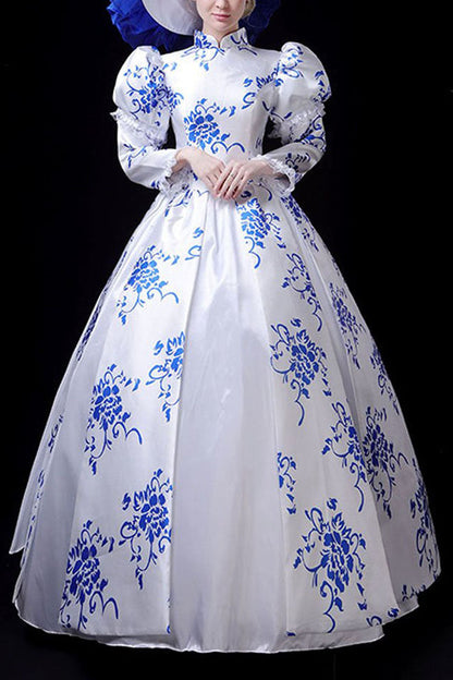 Lolita Dress - Blue/white Porcelain Printing, 2 Colors, Stand Collar, High Waist, Printed - main product image