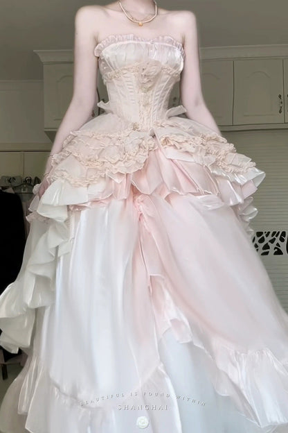 Lolita Dress - Boat Neck, Pink, Bow Detail, Ruffled, Sweet Style - XS Long-Skirt(Only) / S Long-Skirt(Only) / M Long-Skirt(Only) option