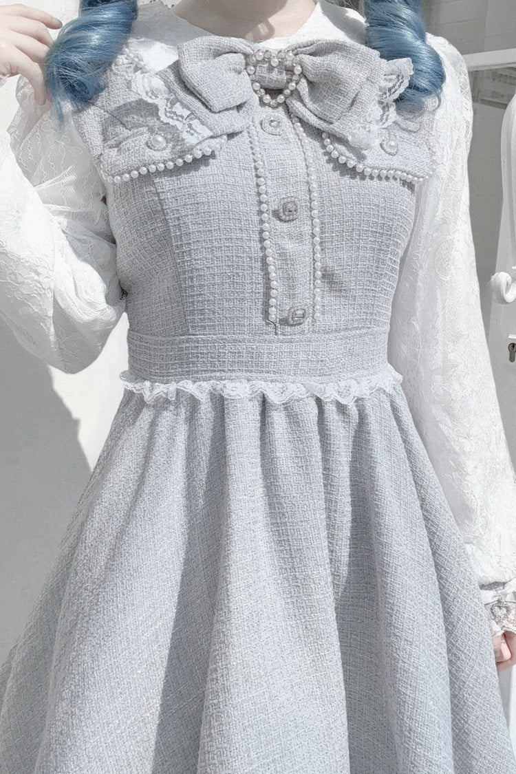 Lolita Dress - Bowknot Lace Pearl Jirai, Gray, Long Sleeves, Sweet Style, Bow Detail - additional product view 2