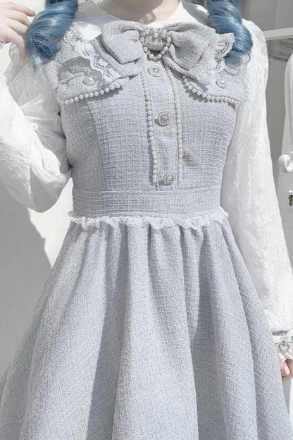 Lolita Dress - Bowknot Lace Pearl Jirai, Gray, Long Sleeves, Sweet Style, Bow Detail - additional product view 2