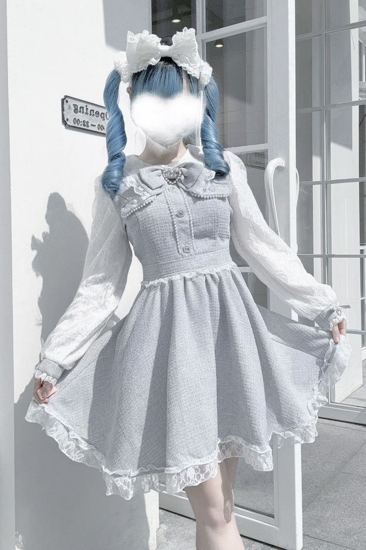 Lolita Dress - Bowknot Lace Pearl Jirai, Gray, Long Sleeves, Sweet Style, Bow Detail - additional product view 3