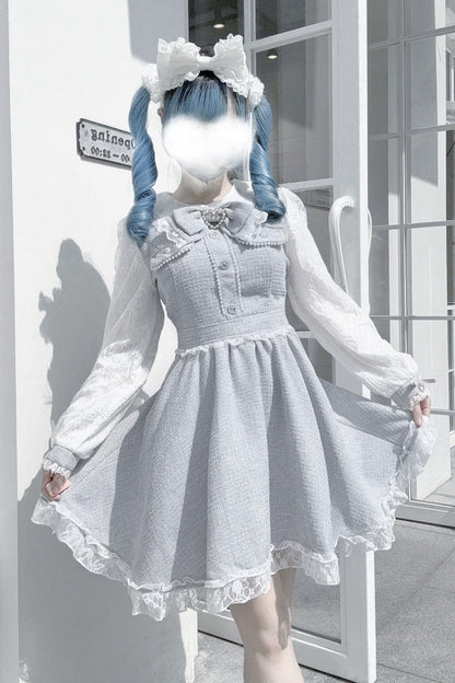 Lolita Dress - Bowknot Lace Pearl Jirai, Gray, Long Sleeves, Sweet Style, Bow Detail - additional product view 3