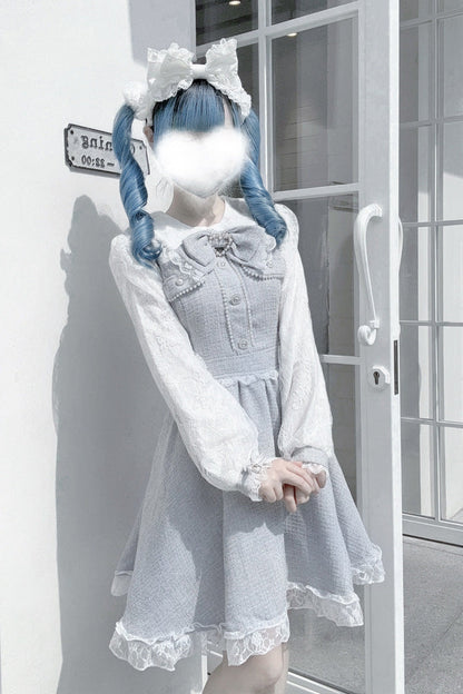 Lolita Dress - Bowknot Lace Pearl Jirai, Gray, Long Sleeves, Sweet Style, Bow Detail - additional product view 4
