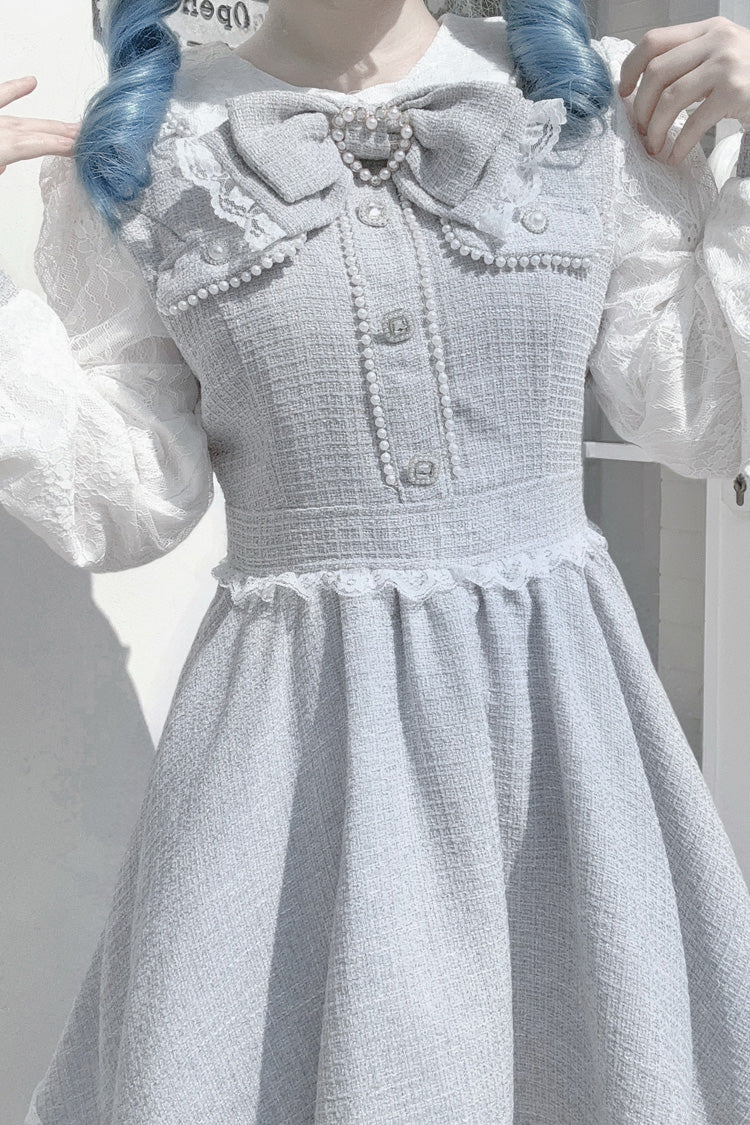 Lolita Dress - Bowknot Lace Pearl Jirai, Gray, Long Sleeves, Sweet Style, Bow Detail - additional product view 5