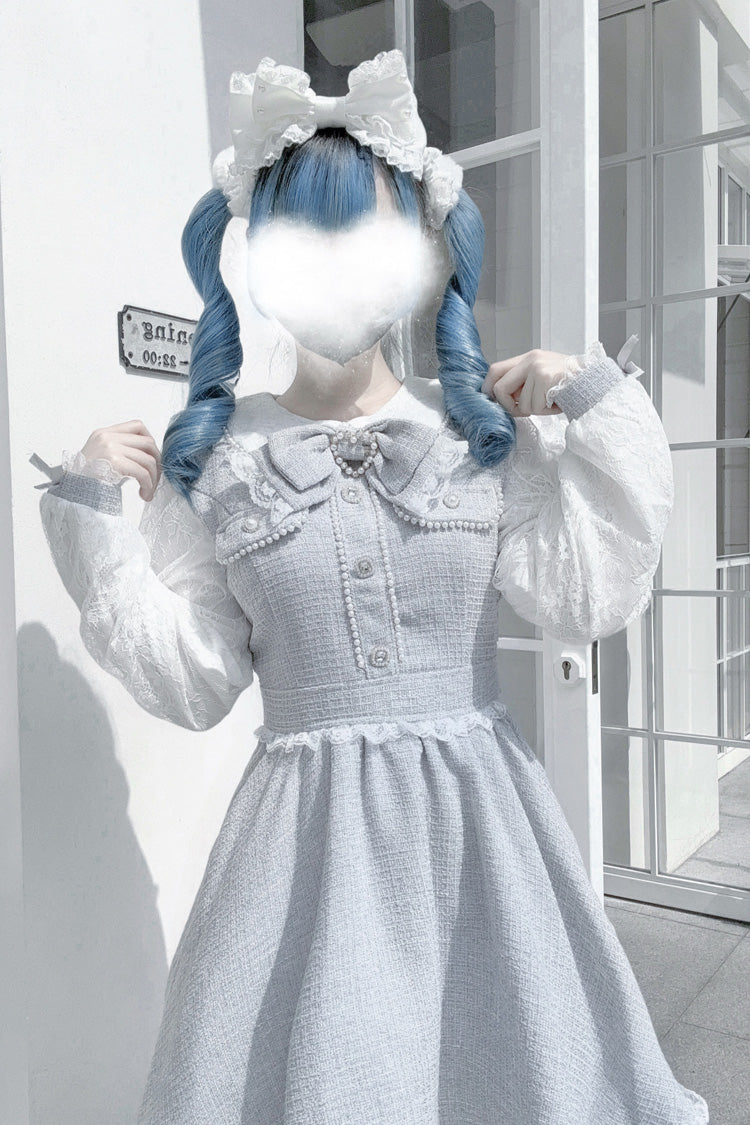 Lolita Dress - Bowknot Lace Pearl Jirai, Gray, Long Sleeves, Sweet Style, Bow Detail - additional product view 6