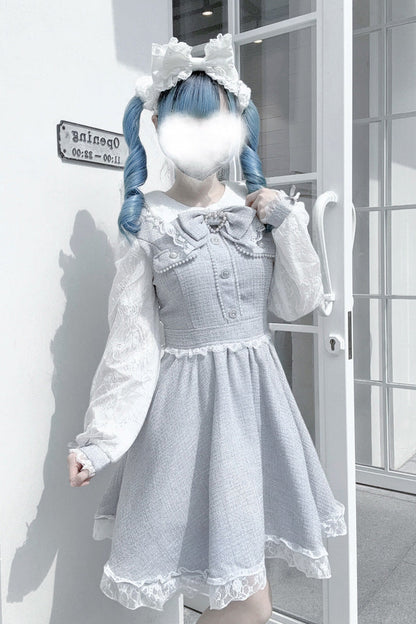Lolita Dress - Bowknot Lace Pearl Jirai, Gray, Long Sleeves, Sweet Style, Bow Detail - main product image