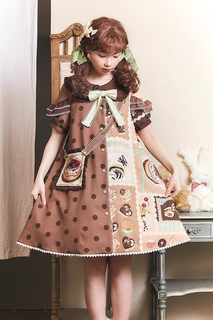 Lolita Dress - Cake Chocolate Dessert Print, 2 Colors, Ruffled, Printed, Sweet Style - S Brown / M Brown / L Brown option