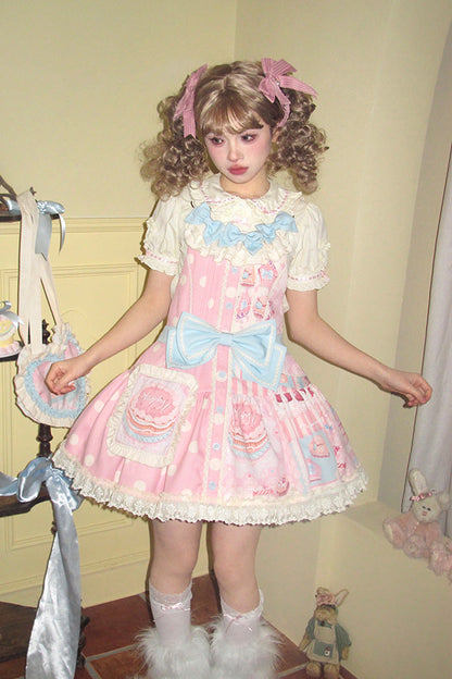Lolita Dress - Cake Chocolate Dessert Print, Pink, Printed, Sweet Style, Bow Detail - additional product view 2
