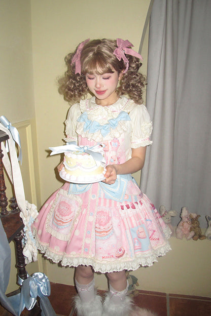 Lolita Dress - Cake Chocolate Dessert Print, Pink, Printed, Sweet Style, Bow Detail - additional product view 3