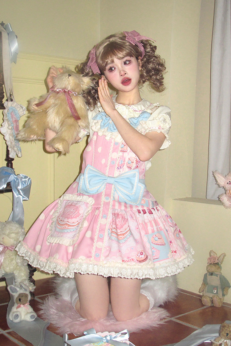 Lolita Dress - Cake Chocolate Dessert Print, Pink, Printed, Sweet Style, Bow Detail - additional product view 6
