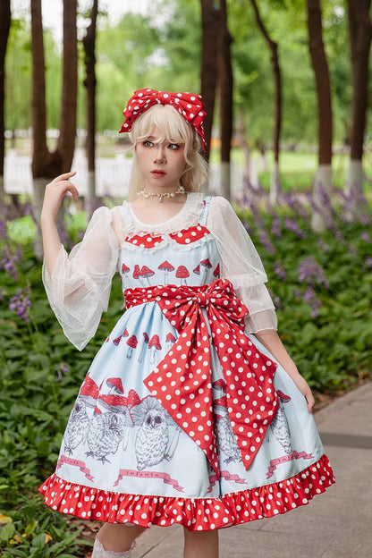 Lolita Dress - Cat Head Mushroom Print, 2 Colors, Sweet Style, Bow Detail, Ruffled - additional product view 2