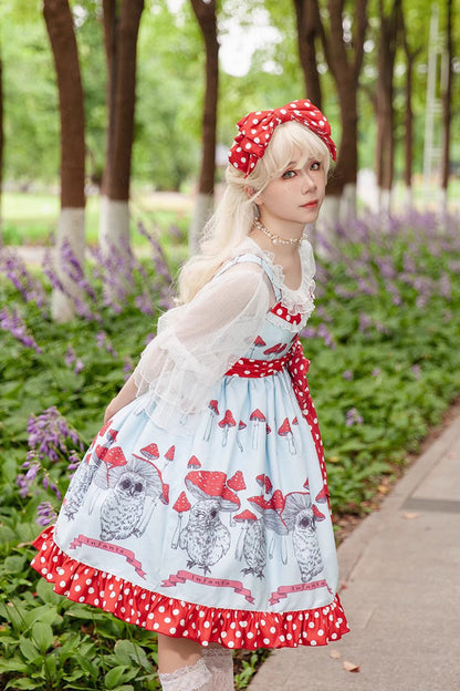 Lolita Dress - Cat Head Mushroom Print, 2 Colors, Sweet Style, Bow Detail, Ruffled - additional product view 5
