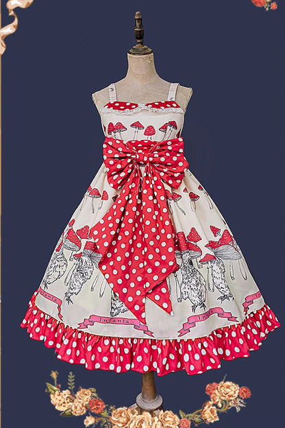 Lolita Dress - Cat Head Mushroom Print, 2 Colors, Sweet Style, Bow Detail, Ruffled - S Apricot/Red / M Apricot/Red / L Apricot/Red option