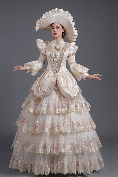 Lolita Dress - Champagne Lantern Sleeves High, Champagne, High Waist, Printed, Layered - additional product view 2