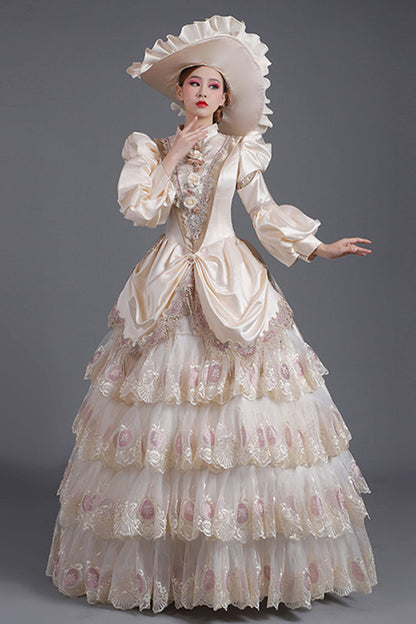 Lolita Dress - Champagne Lantern Sleeves High, Champagne, High Waist, Printed, Layered - additional product view 3