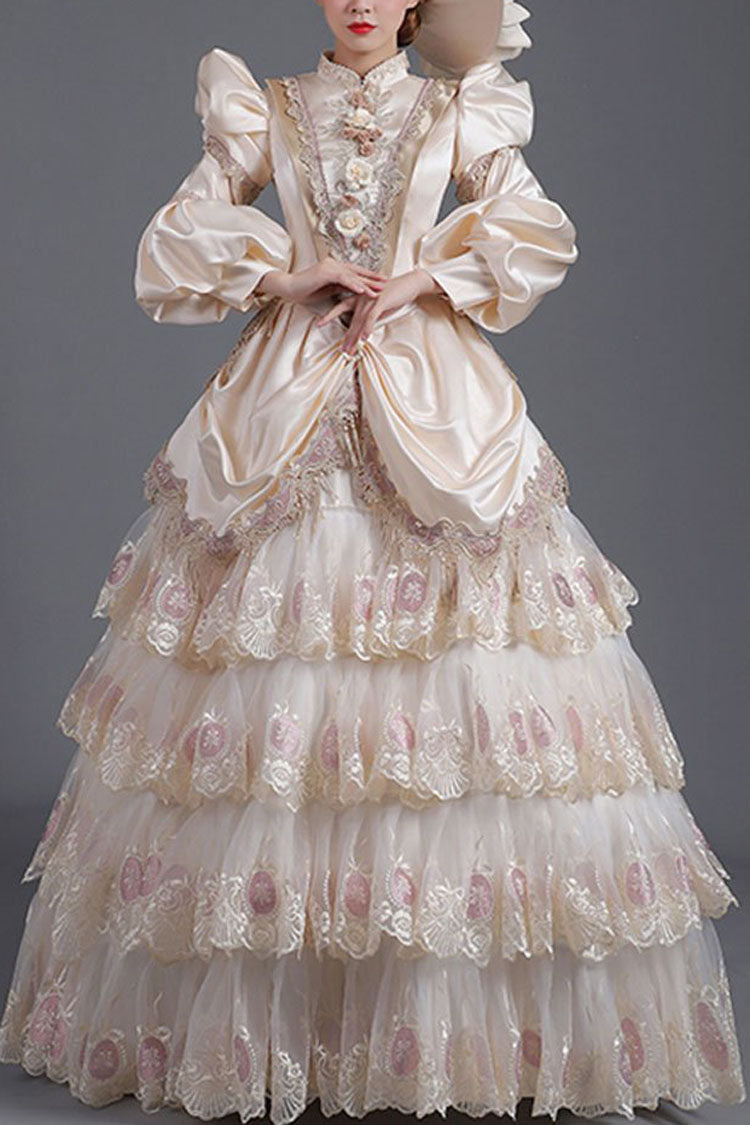 Lolita Dress - Champagne Lantern Sleeves High, Champagne, High Waist, Printed, Layered - main product image