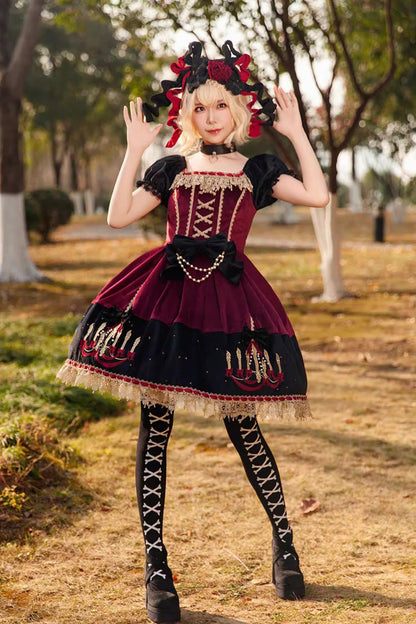 Lolita Dress - Chandelier Printed, 4 Colors, Lace Trim, Lace-Up, Sweet Style - additional product view 7