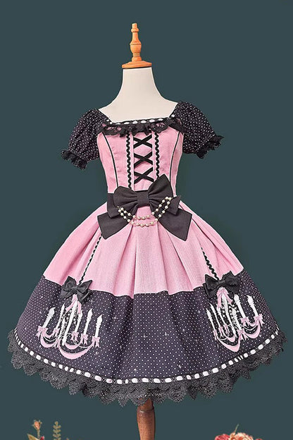 Lolita Dress - Chandelier Printed, 4 Colors, Lace Trim, Lace-Up, Sweet Style - S Pink / M Pink / L Pink option