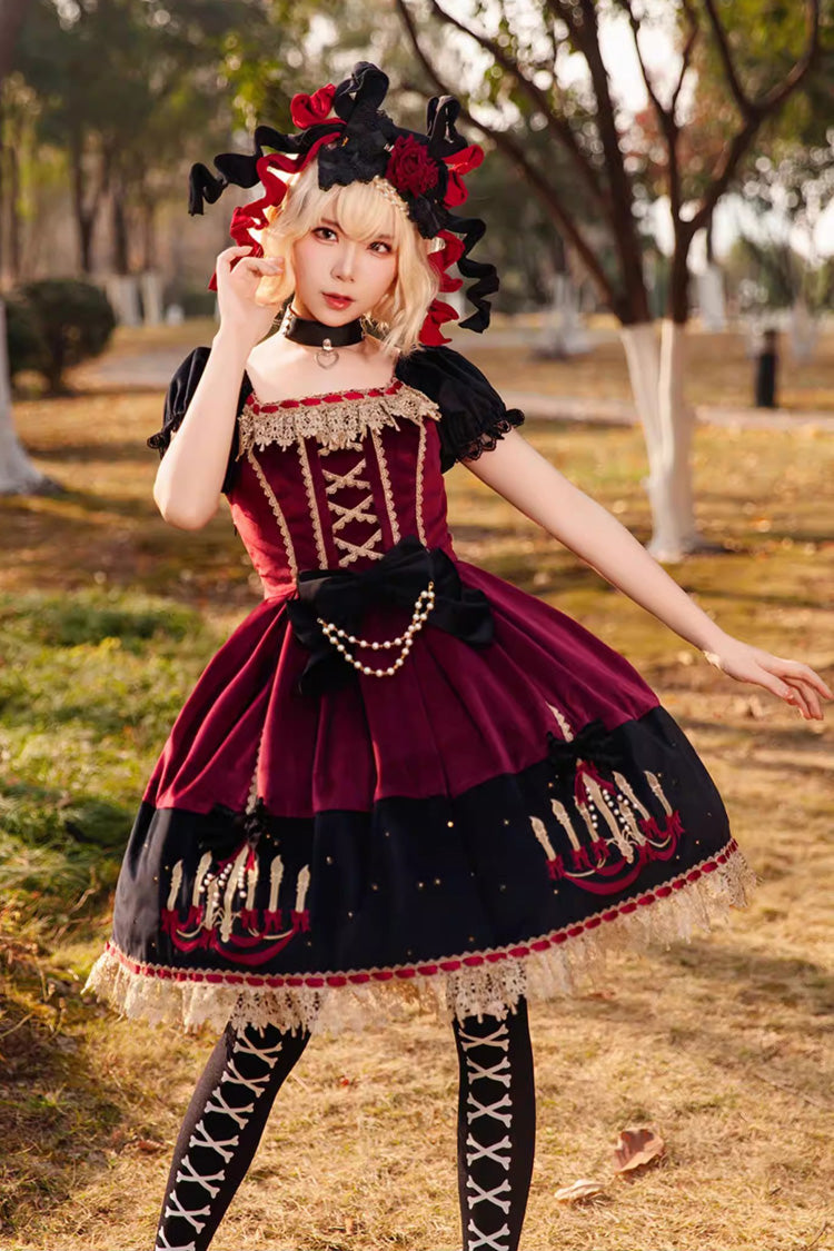 Lolita Dress - Chandelier Printed, 4 Colors, Lace Trim, Lace-Up, Sweet Style - S Red / M Red / L Red option