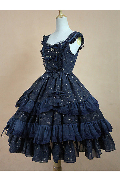 Lolita Dress - Chiffon Golden Star, Gold, Lace Trim, Printed, Classic Style - additional product view 4