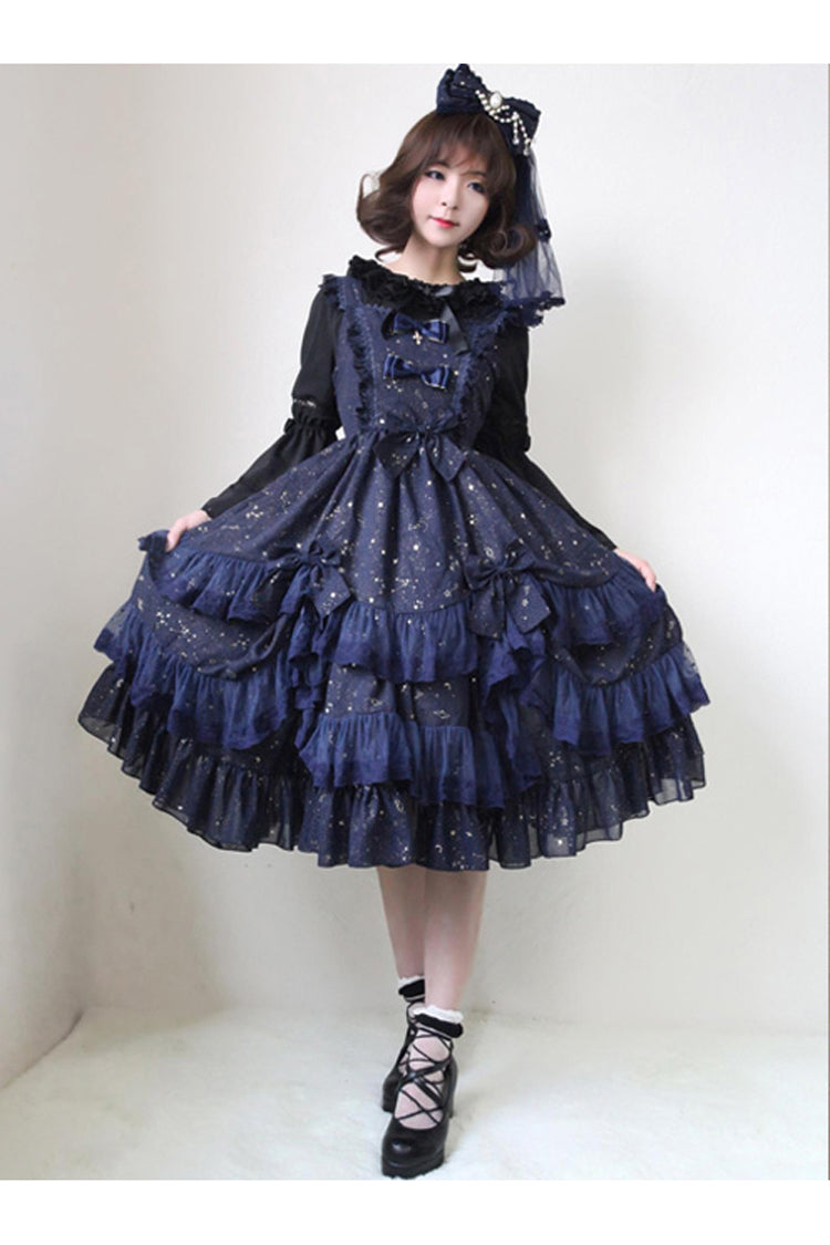 Lolita Dress - Chiffon Golden Star, Gold, Lace Trim, Printed, Classic Style - S Navy blue / M Navy blue / L Navy blue option
