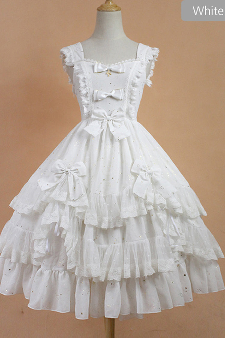 Lolita Dress - Chiffon Golden Star, Gold, Lace Trim, Printed, Classic Style - S White / M White / L White option