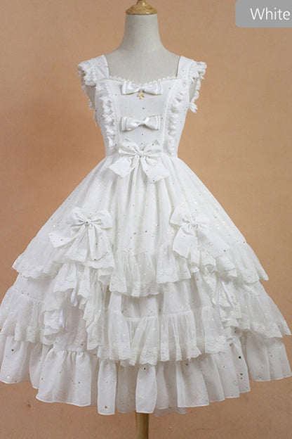 Lolita Dress - Chiffon Golden Star, Gold, Lace Trim, Printed, Classic Style - S White / M White / L White option