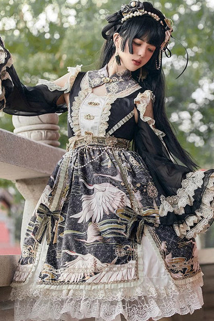 Lolita Dress - Chinese Style, 3 Colors, Lace Trim, Ruffled, Printed - additional product view 2
