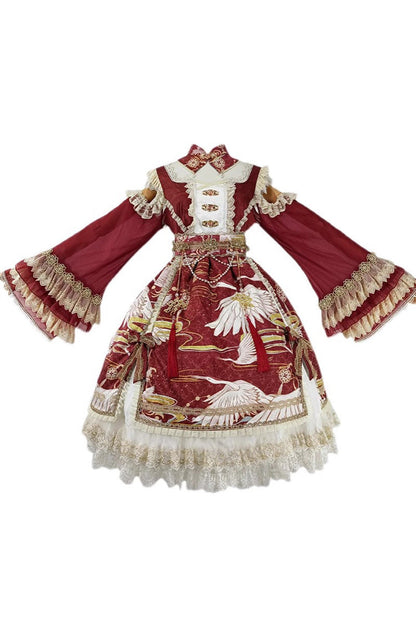 Lolita Dress - Chinese Style, 3 Colors, Lace Trim, Ruffled, Printed - additional product view 3