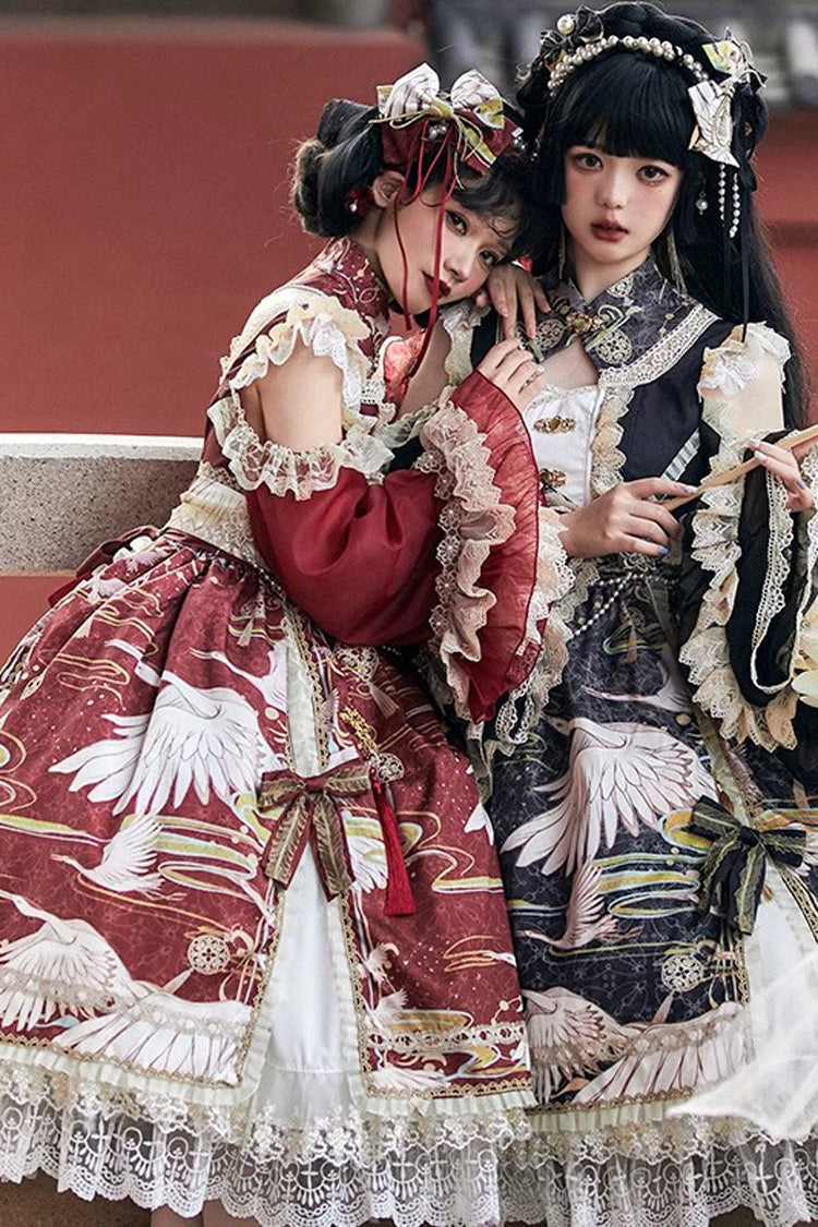 Lolita Dress - Chinese Style, 3 Colors, Lace Trim, Ruffled, Printed - additional product view 4
