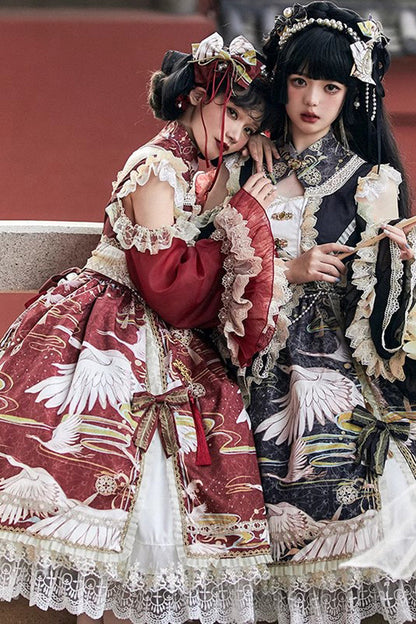 Lolita Dress - Chinese Style, 3 Colors, Lace Trim, Ruffled, Printed - additional product view 4
