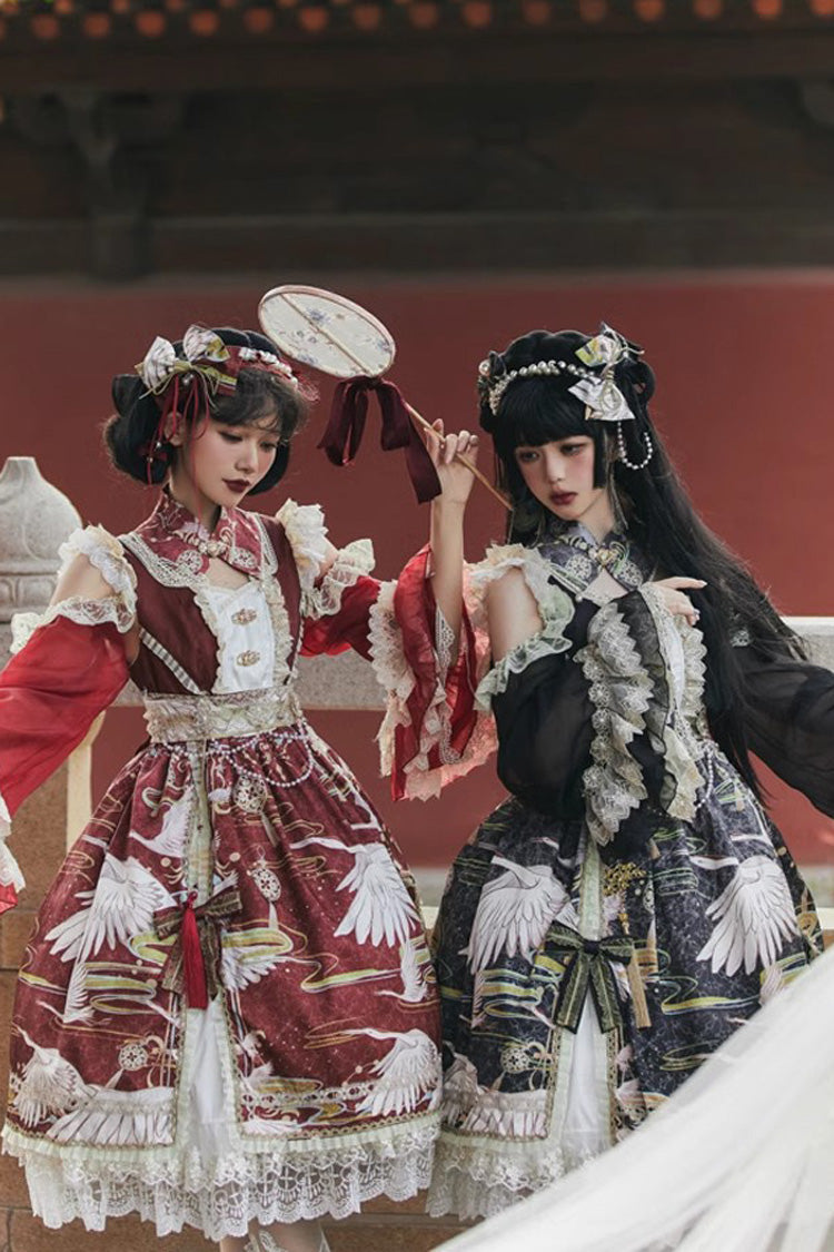 Lolita Dress - Chinese Style, 3 Colors, Lace Trim, Ruffled, Printed - additional product view 5