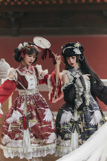 Lolita Dress - Chinese Style, 3 Colors, Lace Trim, Ruffled, Printed - additional product view 5