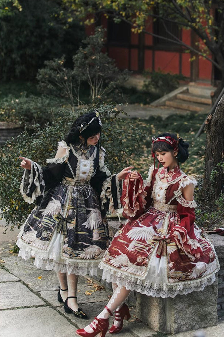 Lolita Dress - Chinese Style, 3 Colors, Lace Trim, Ruffled, Printed - additional product view 6