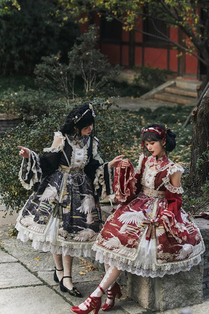 Lolita Dress - Chinese Style, 3 Colors, Lace Trim, Ruffled, Printed - additional product view 6