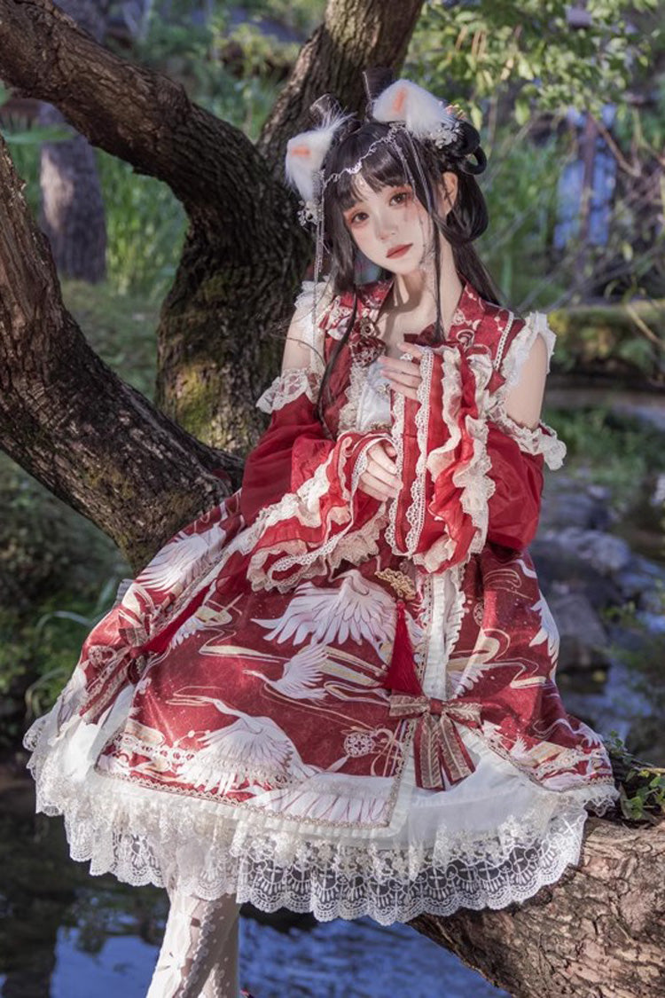 Lolita Dress - Chinese Style, 3 Colors, Lace Trim, Ruffled, Printed - S Red / M Red / L Red option