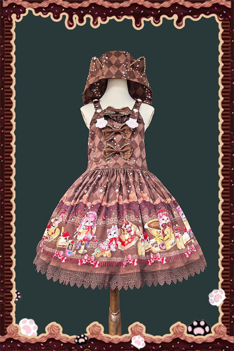 Lolita Dress - Cream Meow, 3 Colors, Printed, Sweet Style, Bow Detail - S Brown / M Brown / L Brown option