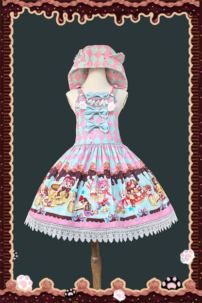 Lolita Dress - Cream Meow, 3 Colors, Printed, Sweet Style, Bow Detail - S Green / M Green / L Green option