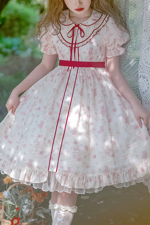 Lolita Dress - Cute Bear Print Doll, Pink, High Waist, Printed, Sweet Style - main product image