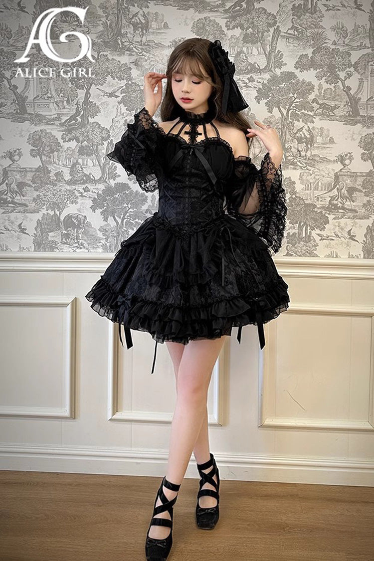 Lolita Dress - Dark Black Tube Top, Black, Gothic Style, Ruffled, Layered - additional product view 4