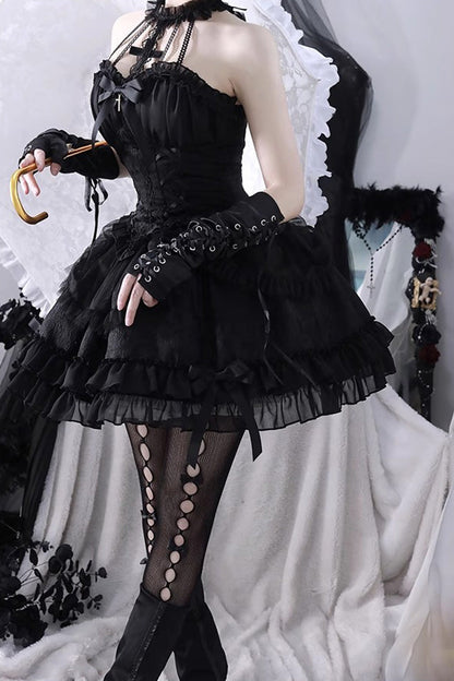 Lolita Dress - Dark Black Tube Top, Black, Gothic Style, Ruffled, Layered - additional product view 6