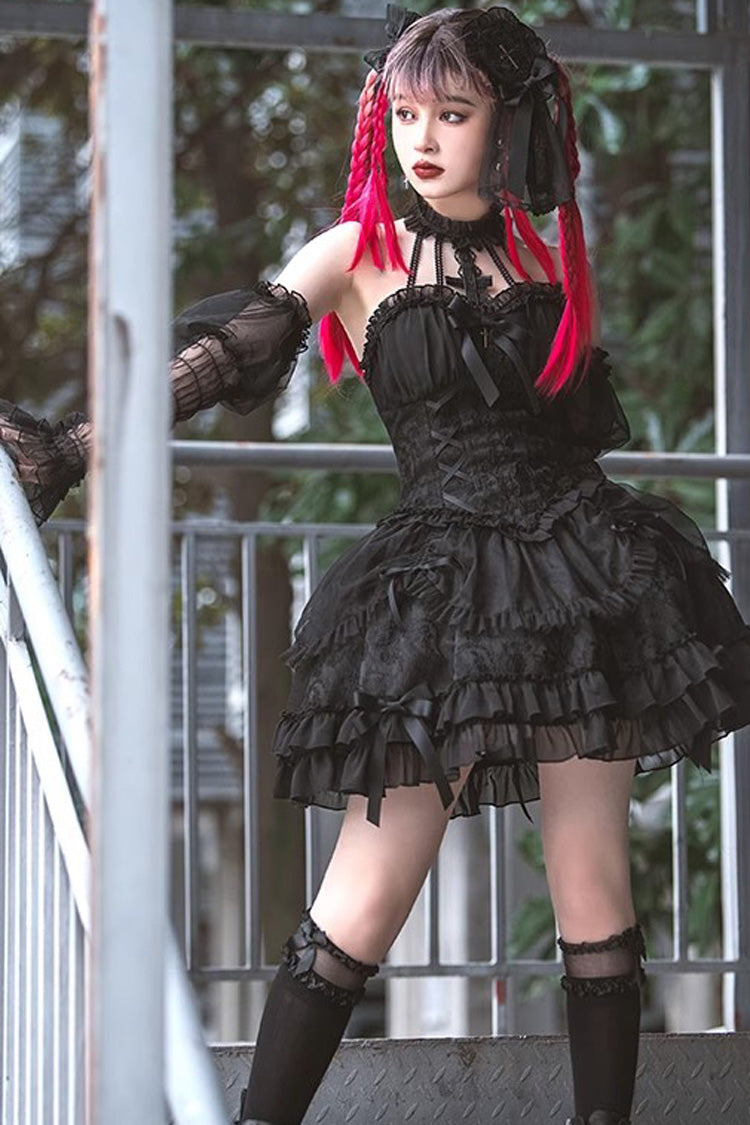 Lolita Dress - Dark Black Tube Top, Black, Gothic Style, Ruffled, Layered - additional product view 7