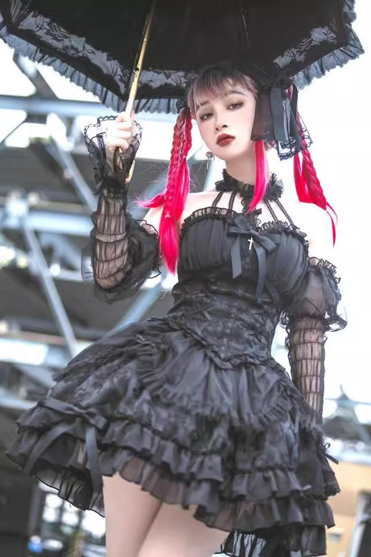 Lolita Dress - Dark Black Tube Top, Black, Gothic Style, Ruffled, Layered - additional product view 8