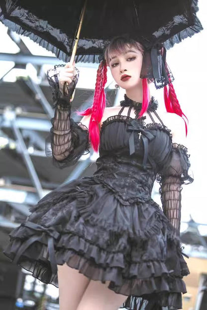 Lolita Dress - Dark Black Tube Top, Black, Gothic Style, Ruffled, Layered - additional product view 8