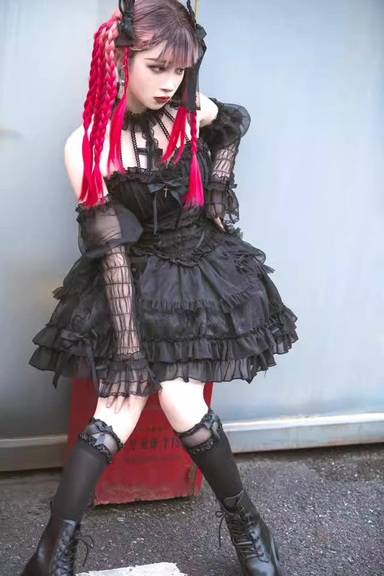 Lolita Dress - Dark Black Tube Top, Black, Gothic Style, Ruffled, Layered - additional product view 9