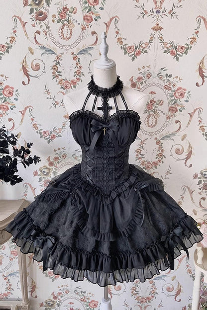 Lolita Dress - Dark Black Tube Top, Black, Gothic Style, Ruffled, Layered - main product image