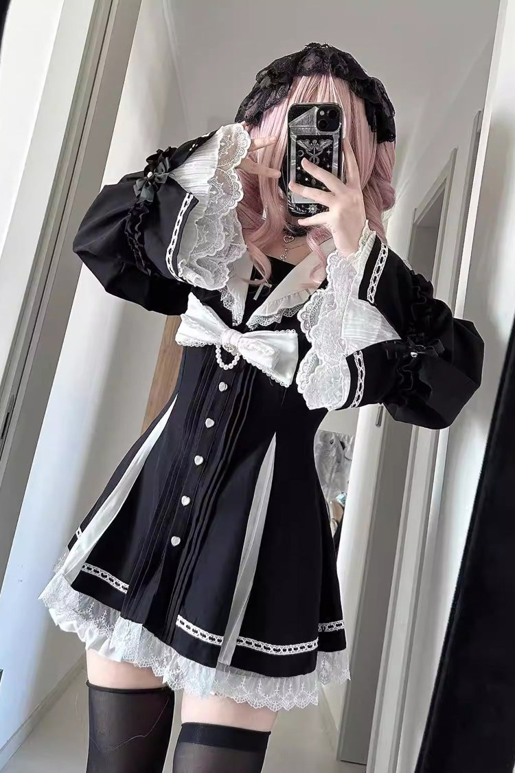 Lolita Dress - Dark Night Prayer, 3 Colors, Square Collar, Striped, Sweet Style - S Black/White / M Black/White / L Black/White option