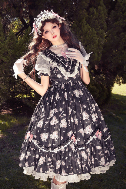 Lolita Dress - Daydream Rose, 3 Colors, Sweet Style, Bow Detail, Lace Trim - S Black / M Black / L Black option