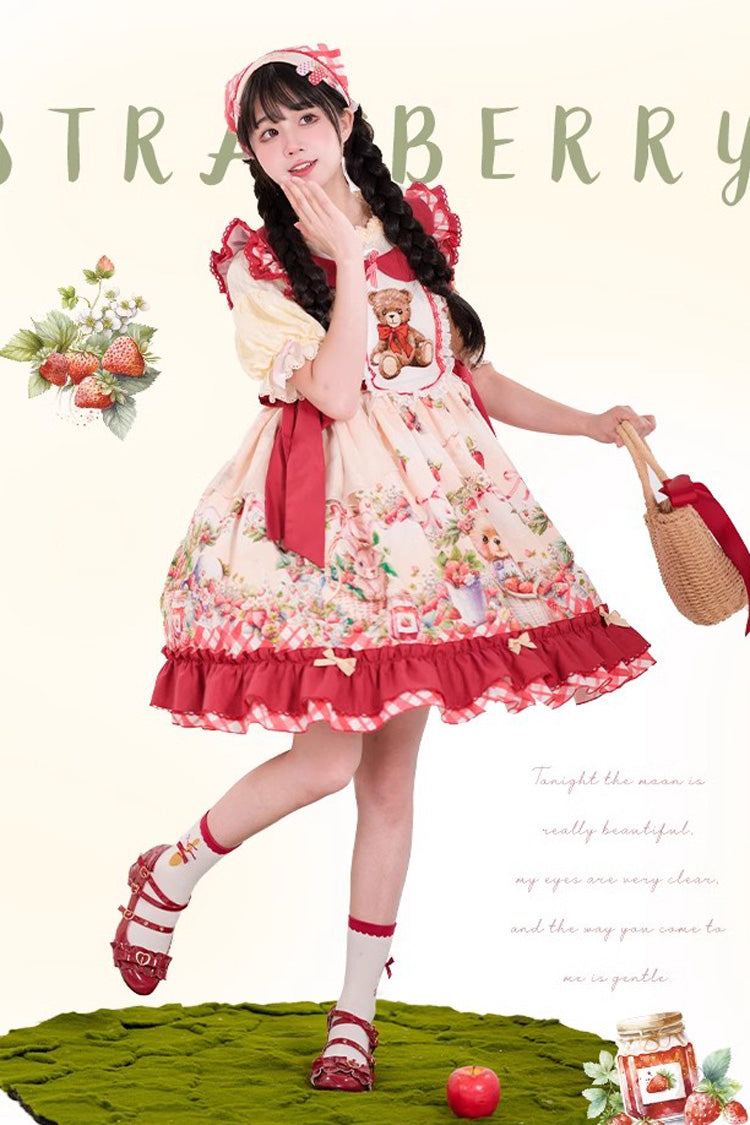 Lolita Dress - December Strawberry Bear, Red, Sweet Style, Bow Detail, Ruffled - additional product view 4
