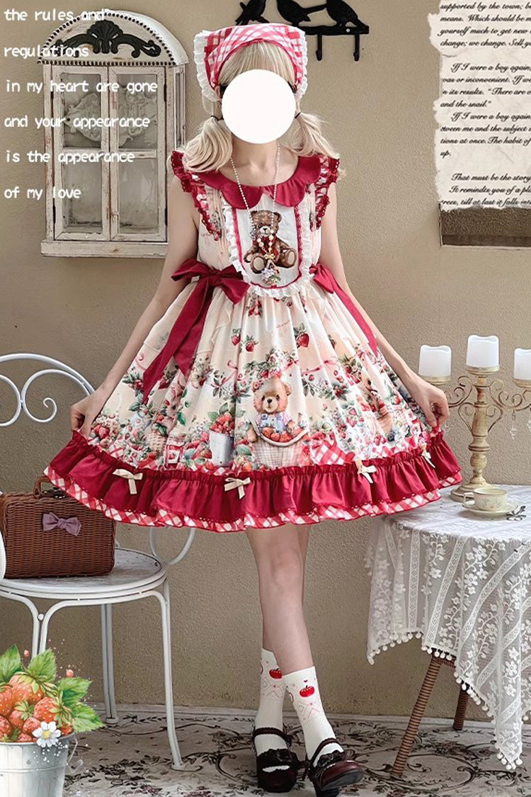 Lolita Dress - December Strawberry Bear, Red, Sweet Style, Bow Detail, Ruffled - main product image